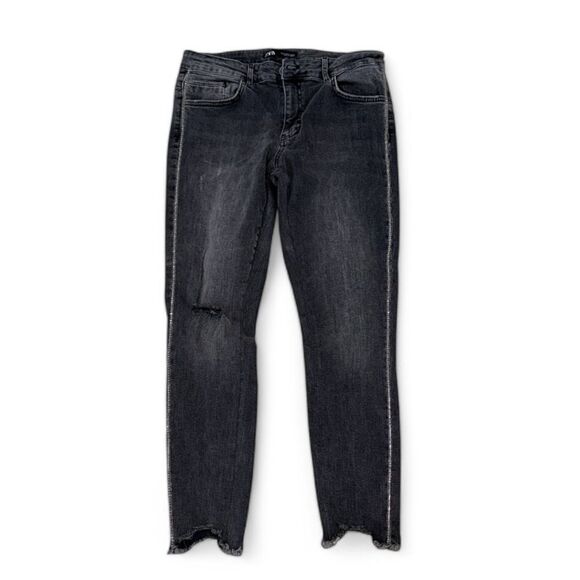 Zara High Rise Black Skinny Jeans Frayed Hem Rhinestone Side Trim Denim‎ Sz 10 - Picture 11 of 12
